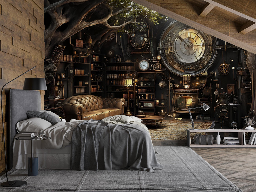 Steampunk Library Wallpaper, Bold Vintage Clock Wall Mural, Industrial Retro Peel And Stick Wallpaper For Bedroom, Loft, Office Or Stylish