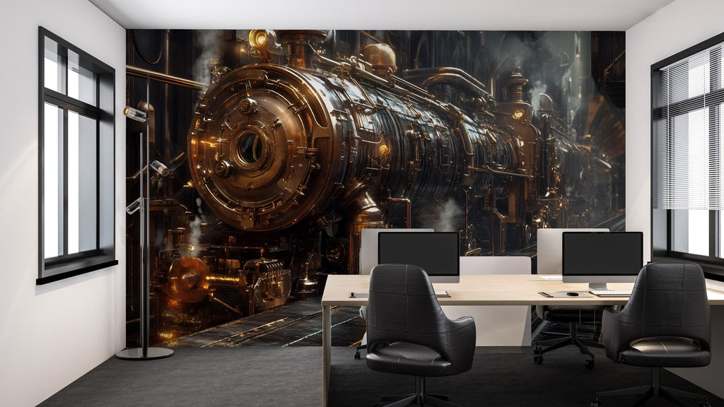 Steampunk Train Wallpaper, Bold Industrial Locomotive Wall Mural, Retro Sci Fi Peel And Stick Wallpaper For Office, Gaming Room, Loft