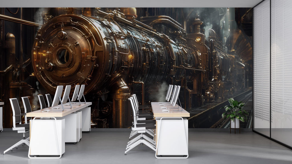 Steampunk Train Wallpaper, Bold Industrial Locomotive Wall Mural, Retro Sci Fi Peel And Stick Wallpaper For Office, Gaming Room, Loft