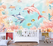Load image into Gallery viewer, 3D Dolphin Ocean Wallpaper for Kids Room – Underwater Sea Life Wall Mural with Coral Reef, Fish, Turtle – Stylish Bold Nursery Wall Decor