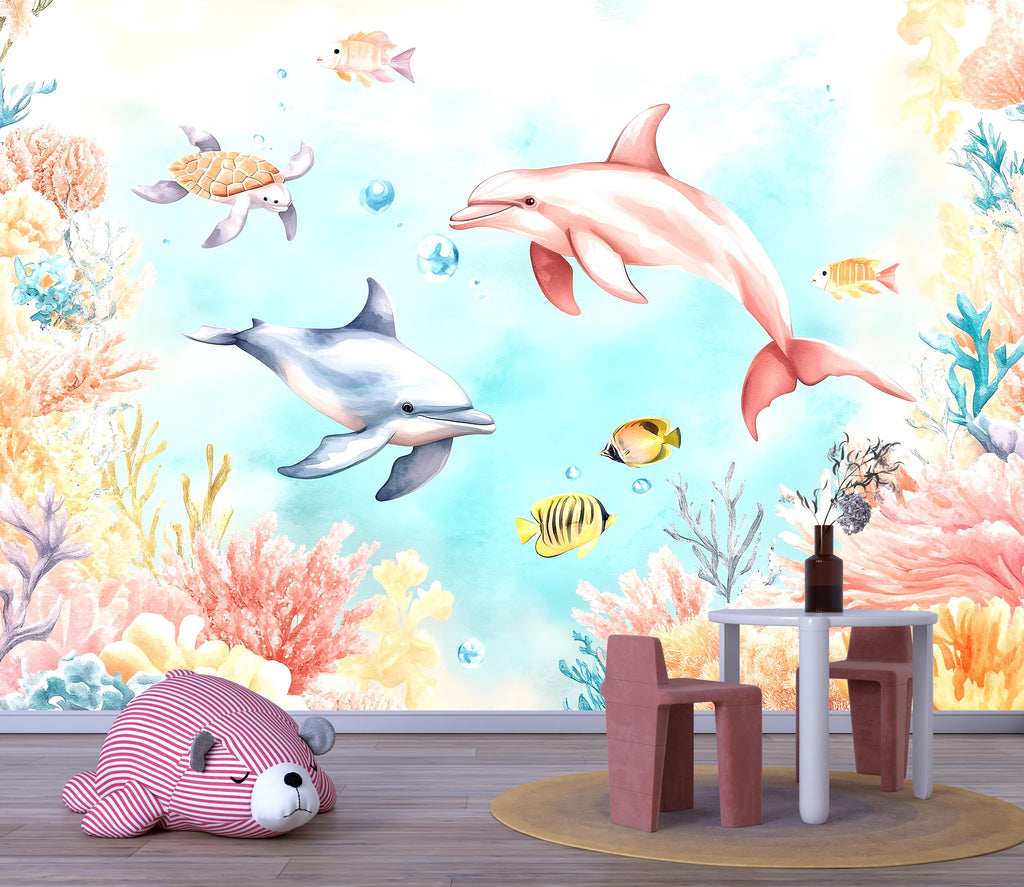 3D Dolphin Ocean Wallpaper for Kids Room – Underwater Sea Life Wall Mural with Coral Reef, Fish, Turtle – Stylish Bold Nursery Wall Decor