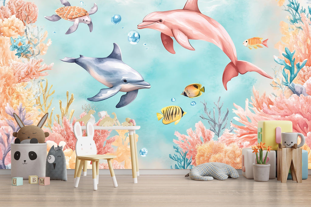 3D Dolphin Ocean Wallpaper for Kids Room – Underwater Sea Life Wall Mural with Coral Reef, Fish, Turtle – Stylish Bold Nursery Wall Decor