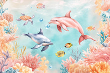 Load image into Gallery viewer, 3D Dolphin Ocean Wallpaper for Kids Room – Underwater Sea Life Wall Mural with Coral Reef, Fish, Turtle – Stylish Bold Nursery Wall Decor