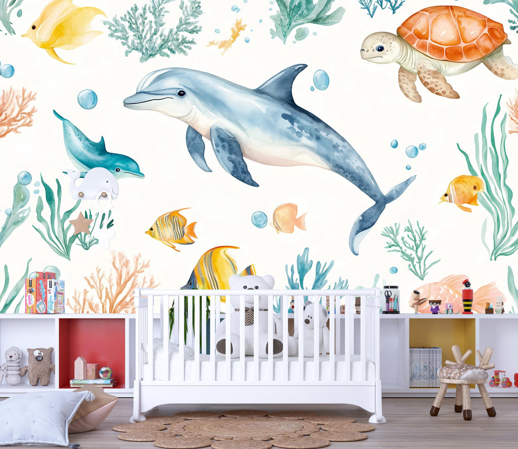 3D Dolphin Ocean Wallpaper for Kids Nursery – Sea Turtle & Tropical Fish Wall Mural – Underwater Playroom Decor Bold Stylish Gift Idea