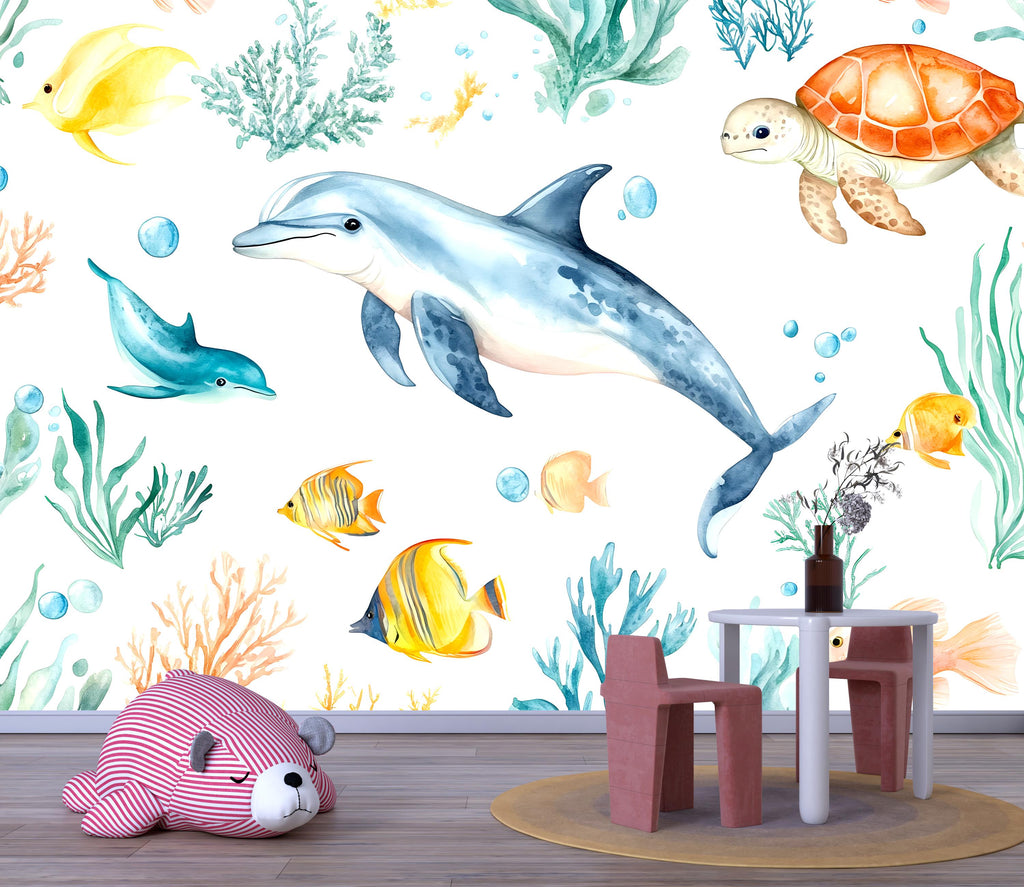 3D Dolphin Ocean Wallpaper for Kids Nursery – Sea Turtle & Tropical Fish Wall Mural – Underwater Playroom Decor Bold Stylish Gift Idea