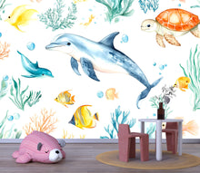 Load image into Gallery viewer, 3D Dolphin Ocean Wallpaper for Kids Nursery – Sea Turtle &amp; Tropical Fish Wall Mural – Underwater Playroom Decor Bold Stylish Gift Idea