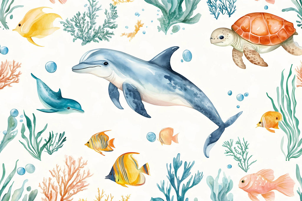 3D Dolphin Ocean Wallpaper for Kids Nursery – Sea Turtle & Tropical Fish Wall Mural – Underwater Playroom Decor Bold Stylish Gift Idea
