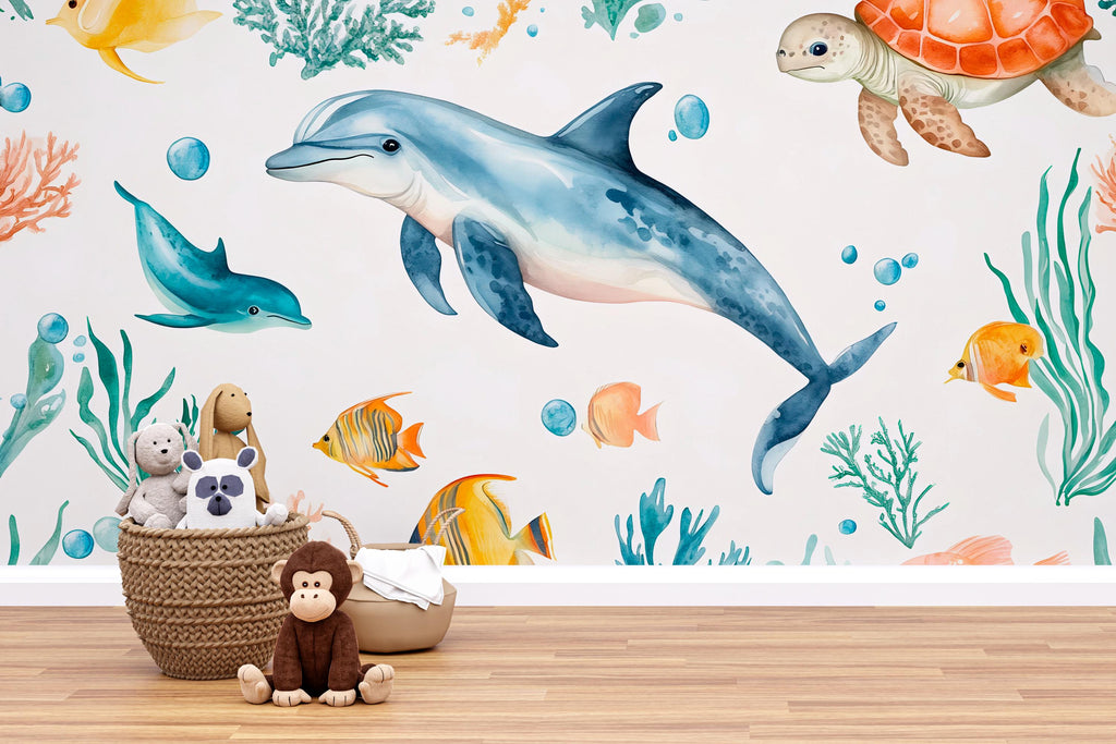 3D Dolphin Ocean Wallpaper for Kids Nursery – Sea Turtle & Tropical Fish Wall Mural – Underwater Playroom Decor Bold Stylish Gift Idea