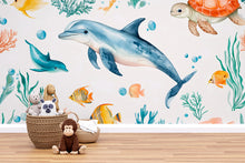 Load image into Gallery viewer, 3D Dolphin Ocean Wallpaper for Kids Nursery – Sea Turtle &amp; Tropical Fish Wall Mural – Underwater Playroom Decor Bold Stylish Gift Idea