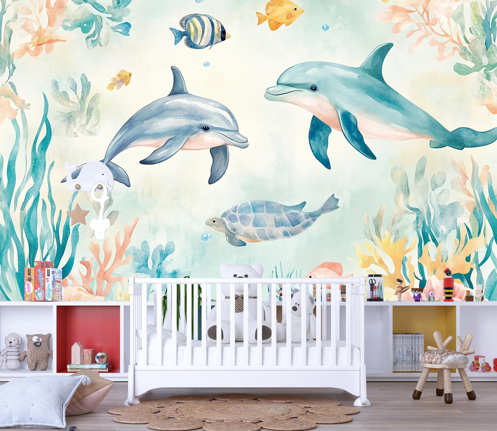 Ocean Dolphin Turtle Nursery Wallpaper, 3D Underwater Sea Life Wall Mural, Kids Bedroom Wall Decor, Baby Room Peel and Stick Modern Stylish