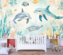 Load image into Gallery viewer, Ocean Dolphin Turtle Nursery Wallpaper, 3D Underwater Sea Life Wall Mural, Kids Bedroom Wall Decor, Baby Room Peel and Stick Modern Stylish