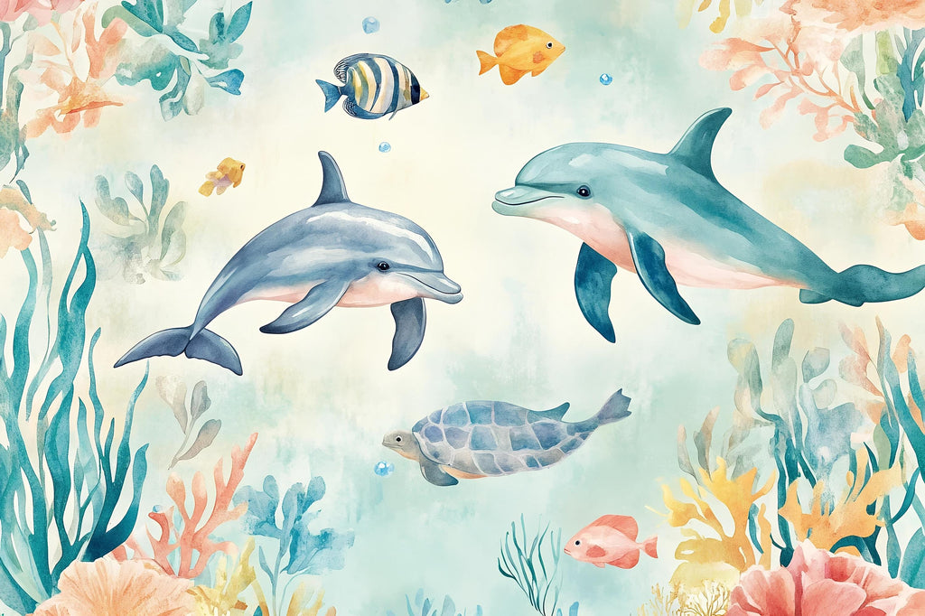Ocean Dolphin Turtle Nursery Wallpaper, 3D Underwater Sea Life Wall Mural, Kids Bedroom Wall Decor, Baby Room Peel and Stick Modern Stylish