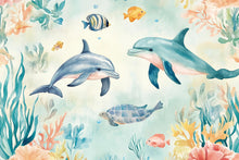 Load image into Gallery viewer, Ocean Dolphin Turtle Nursery Wallpaper, 3D Underwater Sea Life Wall Mural, Kids Bedroom Wall Decor, Baby Room Peel and Stick Modern Stylish