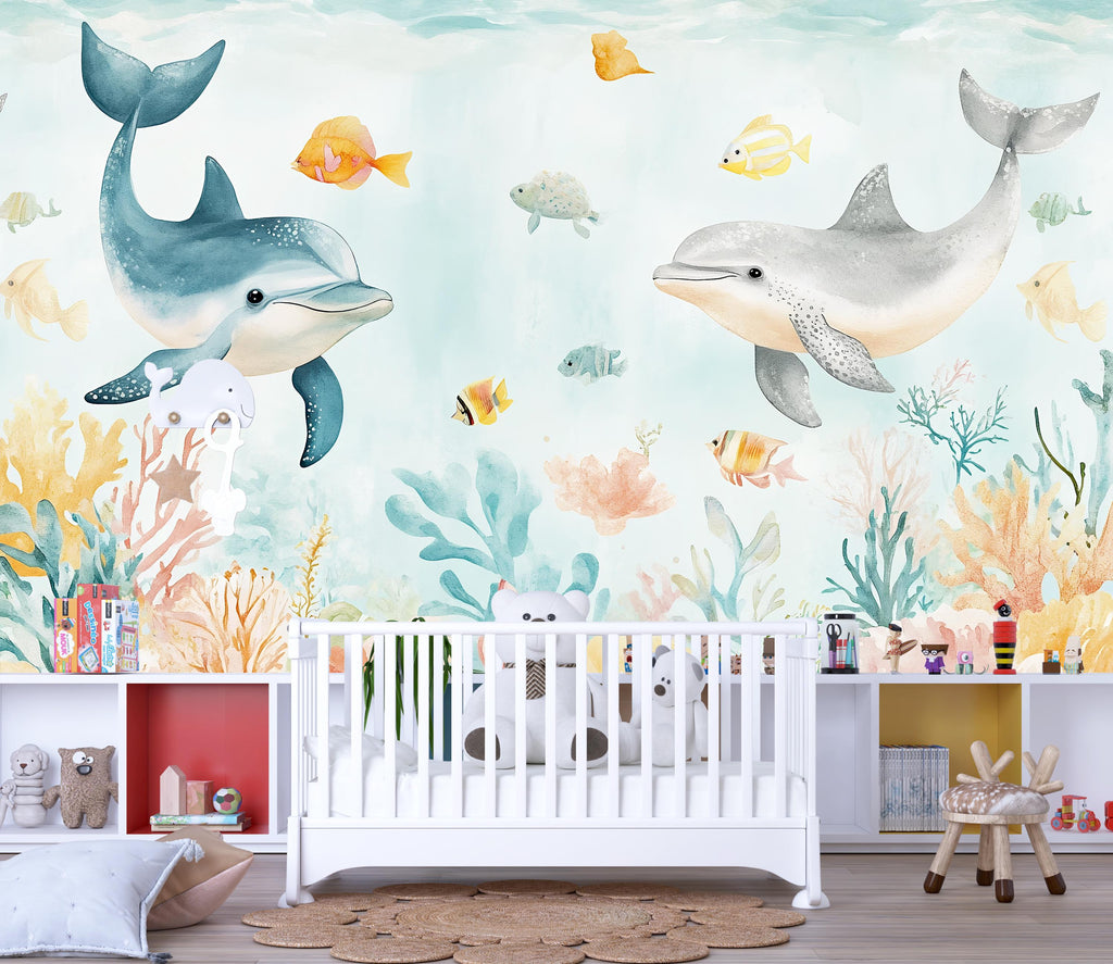 Dolphin Nursery Wallpaper Mural | 3D Ocean Wall Decor With Coral Reef & Fish | Peel And Stick Kids Room Wallpaper | Stylish Baby Shower Gift