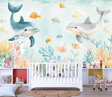 Load image into Gallery viewer, Dolphin Nursery Wallpaper Mural | 3D Ocean Wall Decor With Coral Reef &amp; Fish | Peel And Stick Kids Room Wallpaper | Stylish Baby Shower Gift