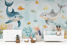 Load image into Gallery viewer, Dolphin Nursery Wallpaper Mural | 3D Ocean Wall Decor With Coral Reef &amp; Fish | Peel And Stick Kids Room Wallpaper | Stylish Baby Shower Gift