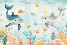 Load image into Gallery viewer, Dolphin Nursery Wallpaper Mural | 3D Ocean Wall Decor With Coral Reef &amp; Fish | Peel And Stick Kids Room Wallpaper | Stylish Baby Shower Gift
