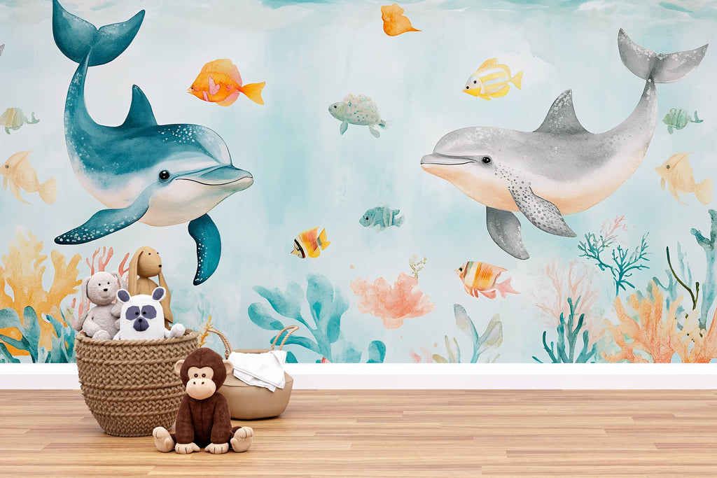 Dolphin Nursery Wallpaper Mural | 3D Ocean Wall Decor With Coral Reef & Fish | Peel And Stick Kids Room Wallpaper | Stylish Baby Shower Gift