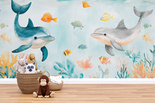 Load image into Gallery viewer, Dolphin Nursery Wallpaper Mural | 3D Ocean Wall Decor With Coral Reef &amp; Fish | Peel And Stick Kids Room Wallpaper | Stylish Baby Shower Gift