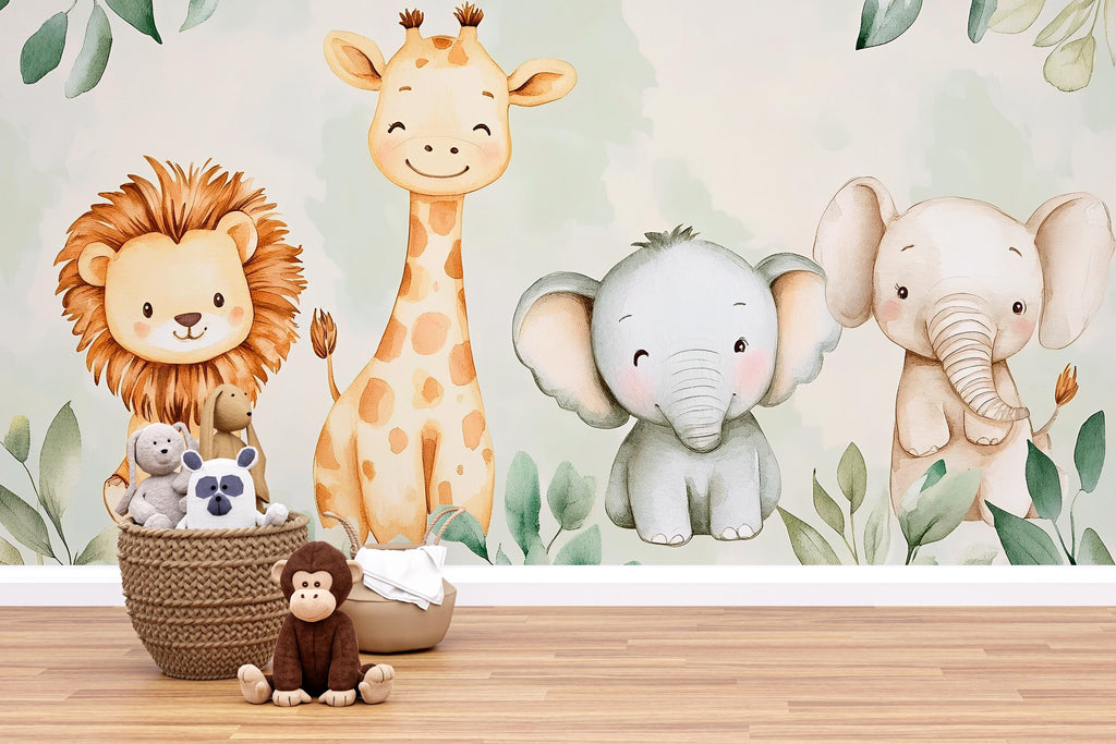 Safari Animal Wallpaper For Nursery – Cute Lion Giraffe Elephant Wall Mural – Jungle Themed Kids Room Decor – Peel And Stick 3D Stylish