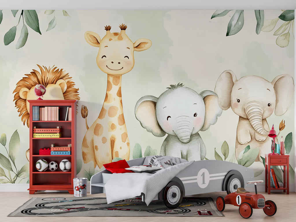 Safari Animal Wallpaper For Nursery – Cute Lion Giraffe Elephant Wall Mural – Jungle Themed Kids Room Decor – Peel And Stick 3D Stylish