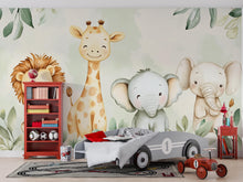 Load image into Gallery viewer, Safari Animal Wallpaper For Nursery – Cute Lion Giraffe Elephant Wall Mural – Jungle Themed Kids Room Decor – Peel And Stick 3D Stylish
