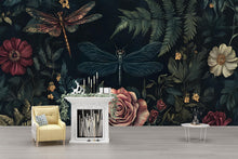 Load image into Gallery viewer, Dark Botanical Wall Art – Vintage Dragonfly &amp; Roses Print Vn954