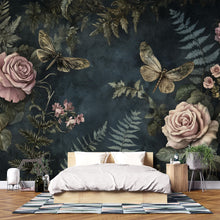 Load image into Gallery viewer, Dark Botanical Wall Art – Vintage Dragonflies &amp; Roses Print Vn955