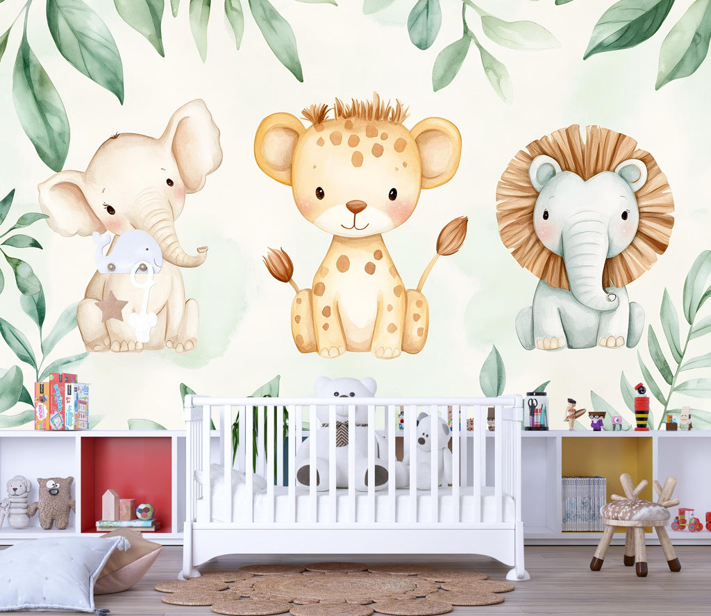 Safari Jungle Wallpaper For Nursery – Cute Elephant Leopard Lion Mural – 3D Peel And Stick Stylish Wall Decor – Modern Bold Kids Room