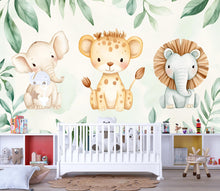 Load image into Gallery viewer, Safari Jungle Wallpaper For Nursery – Cute Elephant Leopard Lion Mural – 3D Peel And Stick Stylish Wall Decor – Modern Bold Kids Room