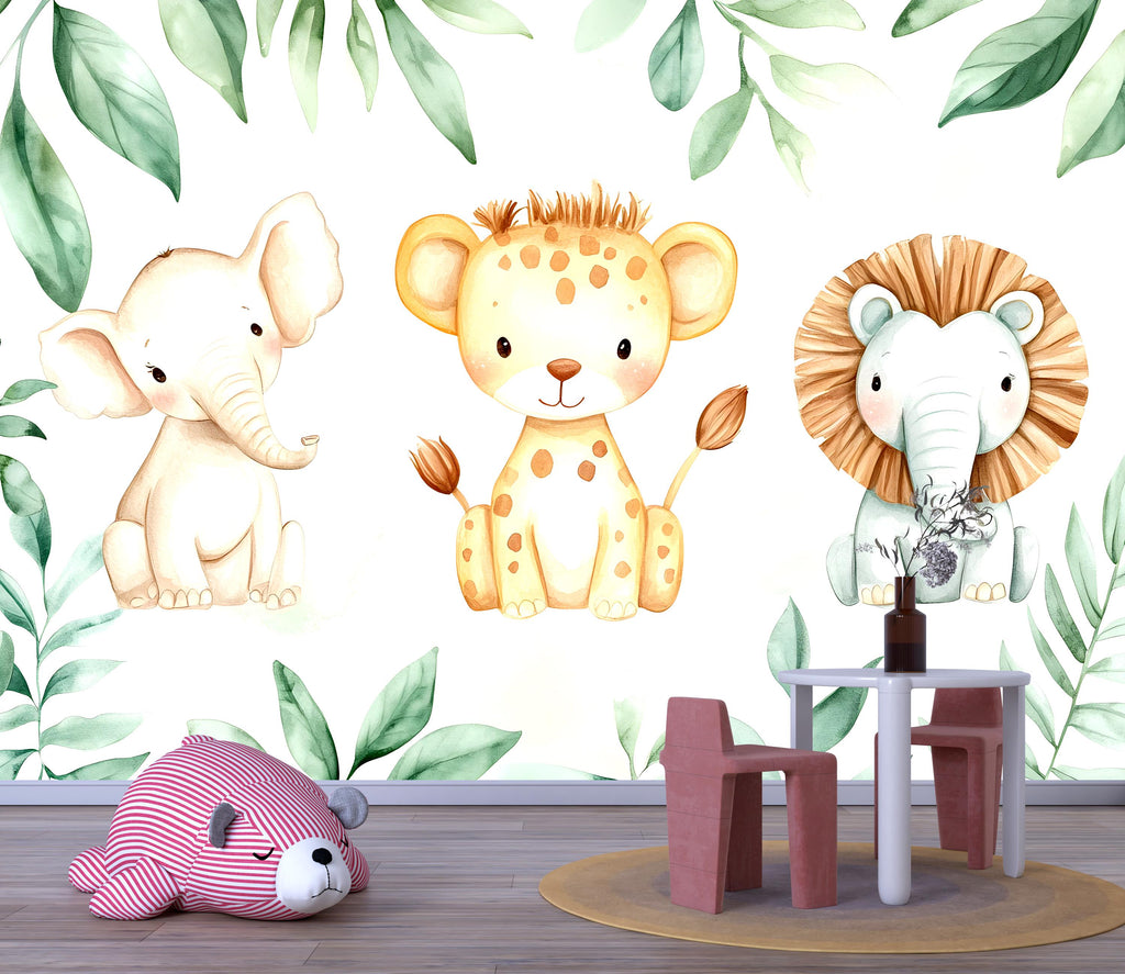 Safari Jungle Wallpaper For Nursery – Cute Elephant Leopard Lion Mural – 3D Peel And Stick Stylish Wall Decor – Modern Bold Kids Room