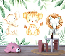 Load image into Gallery viewer, Safari Jungle Wallpaper For Nursery – Cute Elephant Leopard Lion Mural – 3D Peel And Stick Stylish Wall Decor – Modern Bold Kids Room