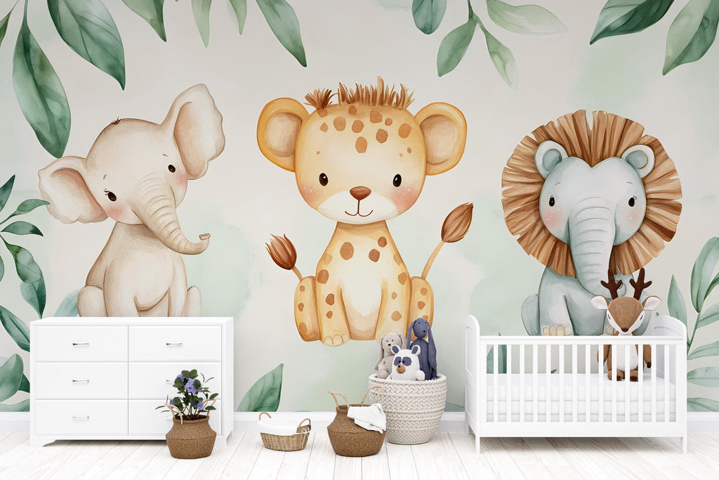 Safari Jungle Wallpaper For Nursery – Cute Elephant Leopard Lion Mural – 3D Peel And Stick Stylish Wall Decor – Modern Bold Kids Room