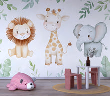 Load image into Gallery viewer, Safari Jungle Wallpaper For Nursery – Cute Lion Giraffe Elephant Wall Mural – Peel And Stick 3D Kids Room Decor – Stylish Bold Baby Shower