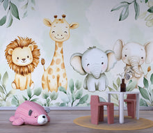 Load image into Gallery viewer, Safari Jungle Wall Mural – Cute Lion Giraffe Elephant Nursery Wallpaper Vn990