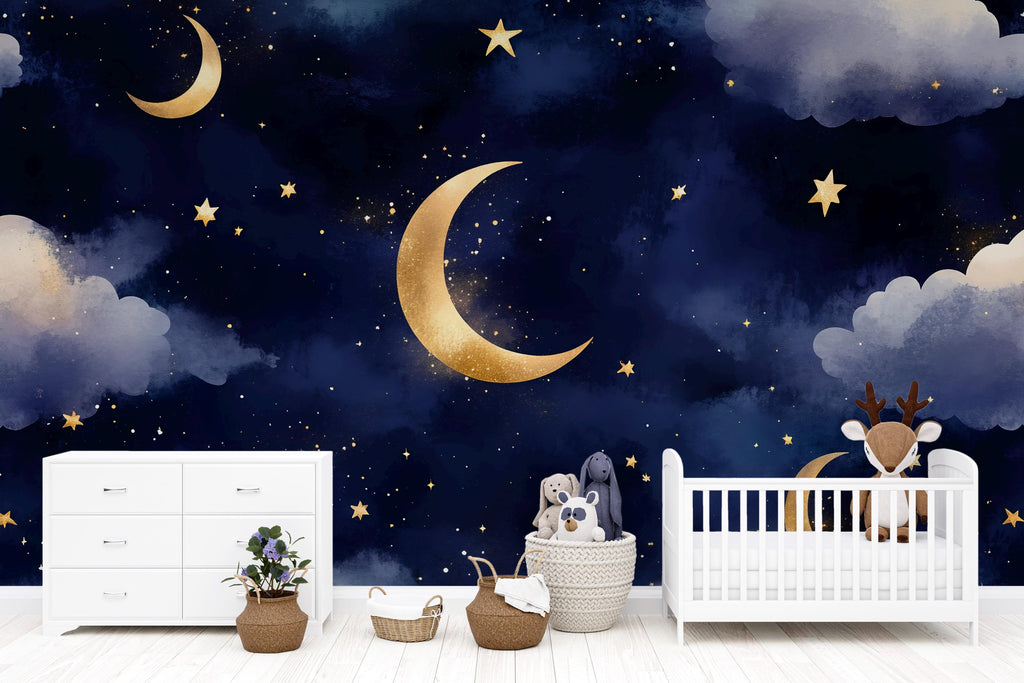 Moon And Stars Wallpaper For Nursery – Night Sky Kids Room Wall Mural – 3D Peel And Stick Stylish Wall Decor – Bold Modern Baby Shower