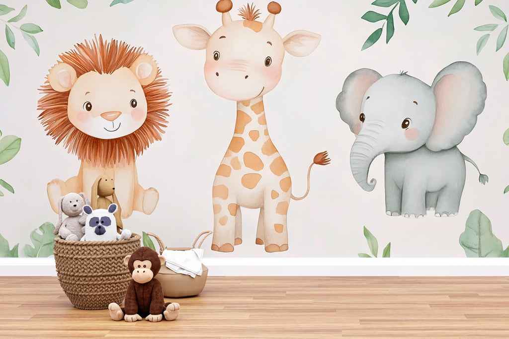 Safari Animal Nursery Mural – Lion Giraffe Elephant Jungle Wallpaper Vn992