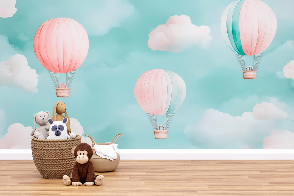 Hot Air Balloon Wallpaper For Nursery – 3D Sky Clouds Wall Mural – Peel And Stick Stylish Kids Room Decor – Modern Bold Baby Shower