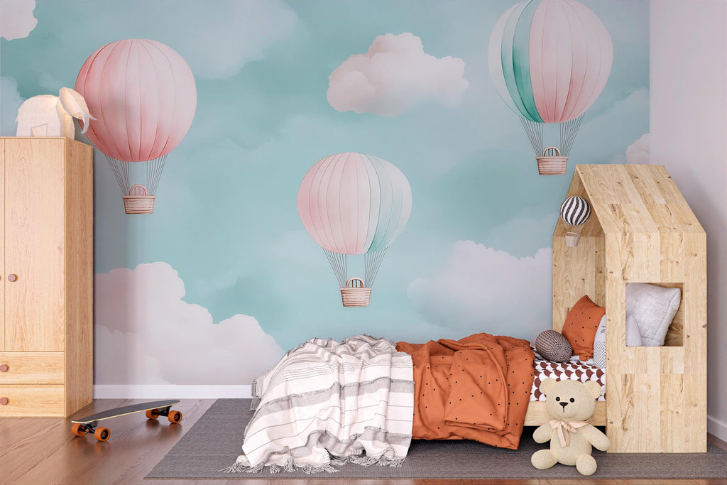Hot Air Balloon Wallpaper For Nursery – 3D Sky Clouds Wall Mural – Peel And Stick Stylish Kids Room Decor – Modern Bold Baby Shower