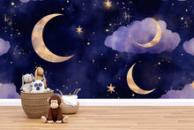 Load image into Gallery viewer, Moon and Stars Mural – Purple Night Sky Nursery Wallpaper Baby Room Decor Vn995