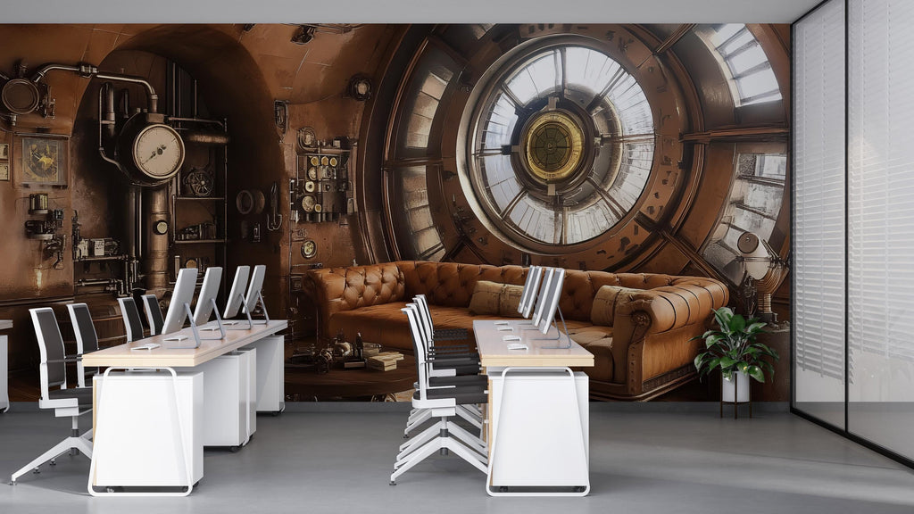 Steampunk Control Room Wallpaper, Bold Industrial Clock Wall Mural, Retro Sci Fi Peel And Stick Wallpaper For Office, Loft, Gaming Room