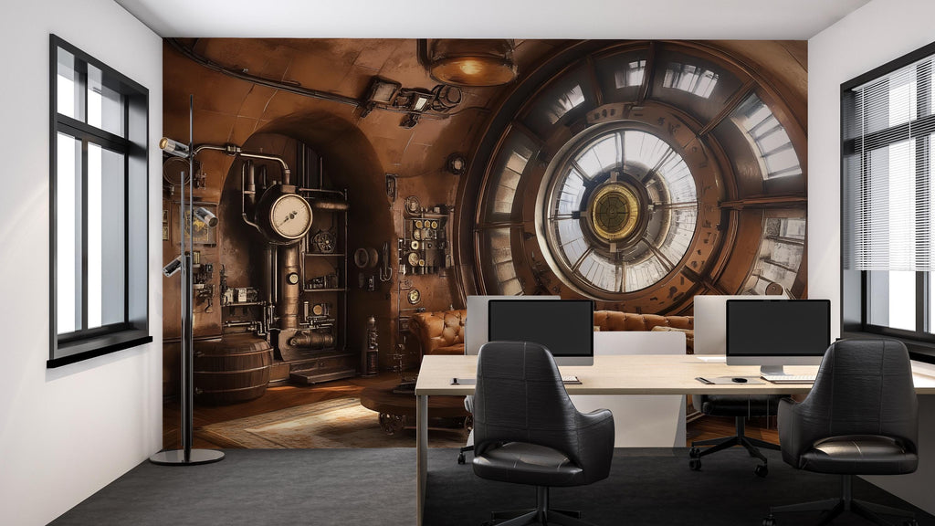 Steampunk Control Room Wallpaper, Bold Industrial Clock Wall Mural, Retro Sci Fi Peel And Stick Wallpaper For Office, Loft, Gaming Room