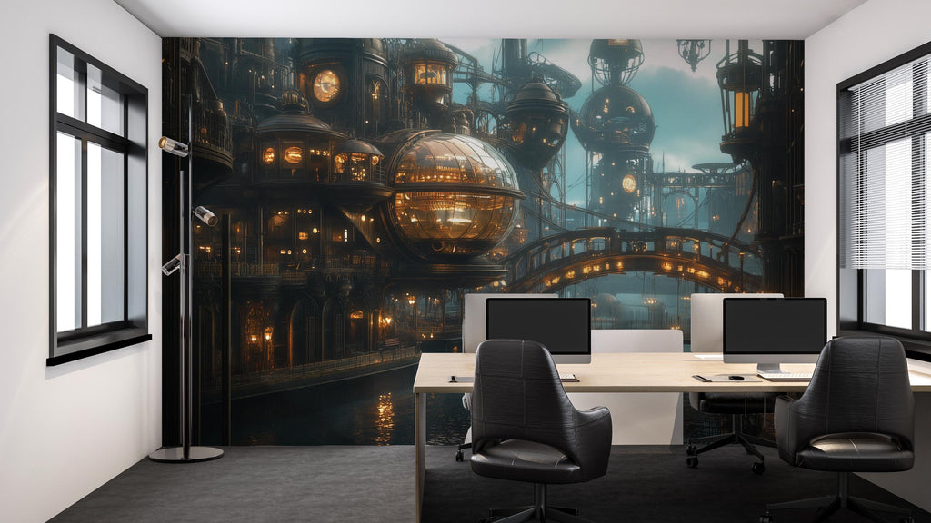 Steampunk City Wallpaper, Retro Futuristic Sci Fi Wall Mural, Bold Industrial Peel And Stick Wallpaper For Office, Loft, Gaming Room