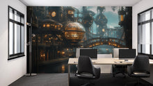 Load image into Gallery viewer, Steampunk City Wallpaper, Retro Futuristic Sci Fi Wall Mural, Bold Industrial Peel And Stick Wallpaper For Office, Loft, Gaming Room
