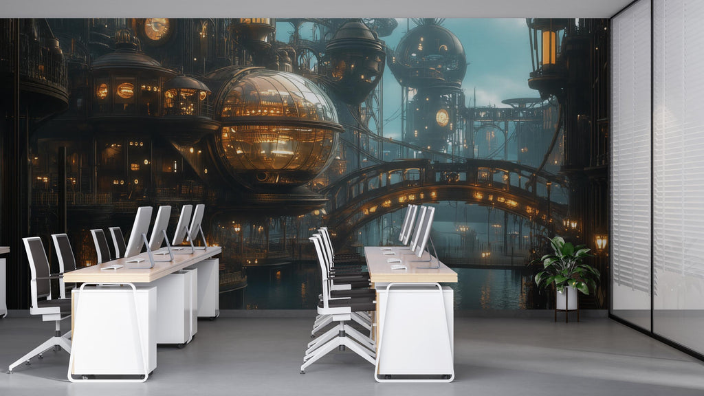 Steampunk City Wallpaper, Retro Futuristic Sci Fi Wall Mural, Bold Industrial Peel And Stick Wallpaper For Office, Loft, Gaming Room