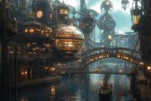 Load image into Gallery viewer, Steampunk City Wallpaper, Retro Futuristic Sci Fi Wall Mural, Bold Industrial Peel And Stick Wallpaper For Office, Loft, Gaming Room
