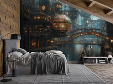 Load image into Gallery viewer, Steampunk City Wallpaper, Retro Futuristic Sci Fi Wall Mural, Bold Industrial Peel And Stick Wallpaper For Office, Loft, Gaming Room