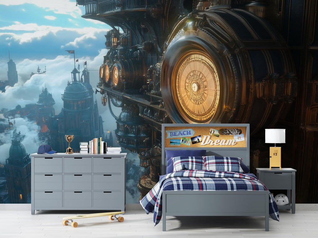 Steampunk Airship Clock Wallpaper, Bold Retro Futuristic Wall Mural, Industrial Sci Fi Peel And Stick Wallpaper For Bedroom, Nursery, Loft