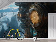 Load image into Gallery viewer, Steampunk Airship Clock Wallpaper, Bold Retro Futuristic Wall Mural, Industrial Sci Fi Peel And Stick Wallpaper For Bedroom, Nursery, Loft