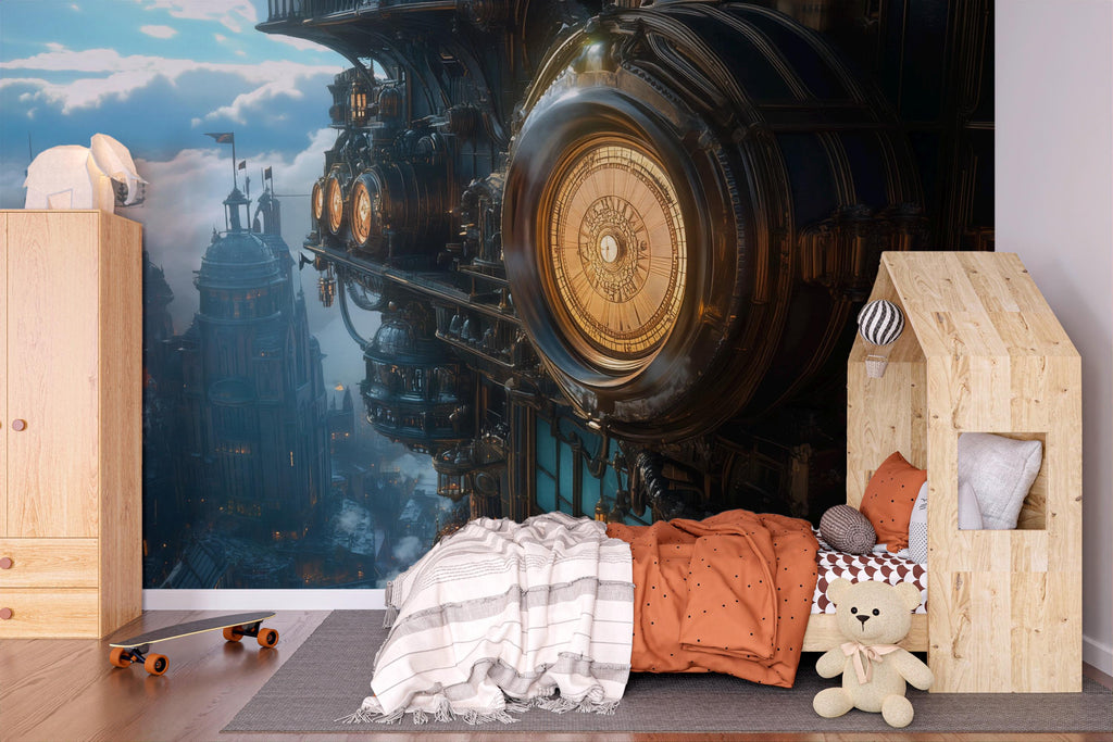Steampunk Airship Clock Wallpaper, Bold Retro Futuristic Wall Mural, Industrial Sci Fi Peel And Stick Wallpaper For Bedroom, Nursery, Loft